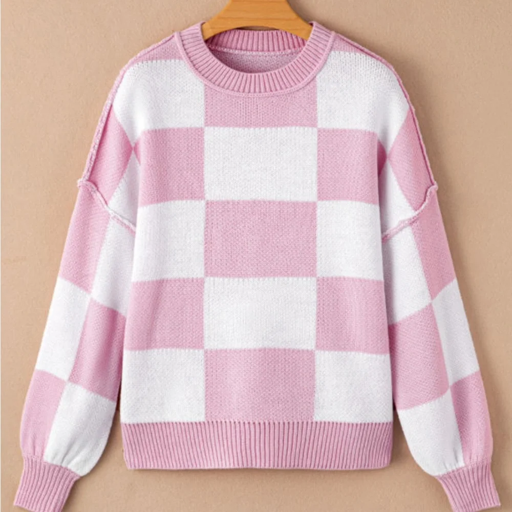 Pink Checkered Bubble Sleeved Crew Neck Knit Sweater - Picture 4 of 11